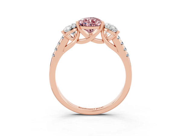 Rose gold Three-Stone Pear Cut Morganite Ring with Round  Pavé Band and Prong Setting