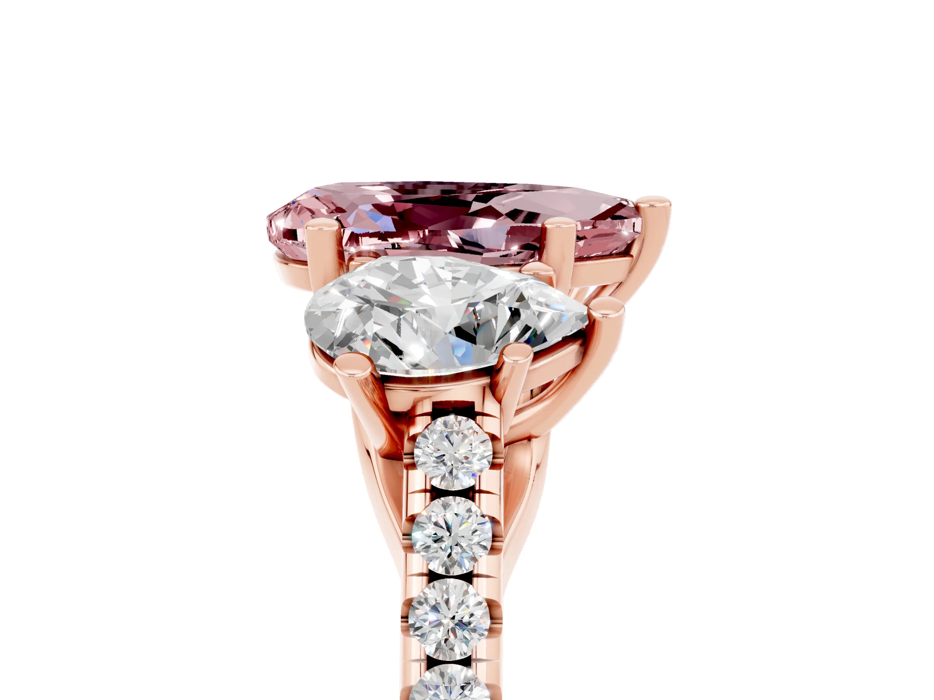 Rose gold Three-Stone Pear Cut Morganite Ring with Pavé Band and Prong Setting_17