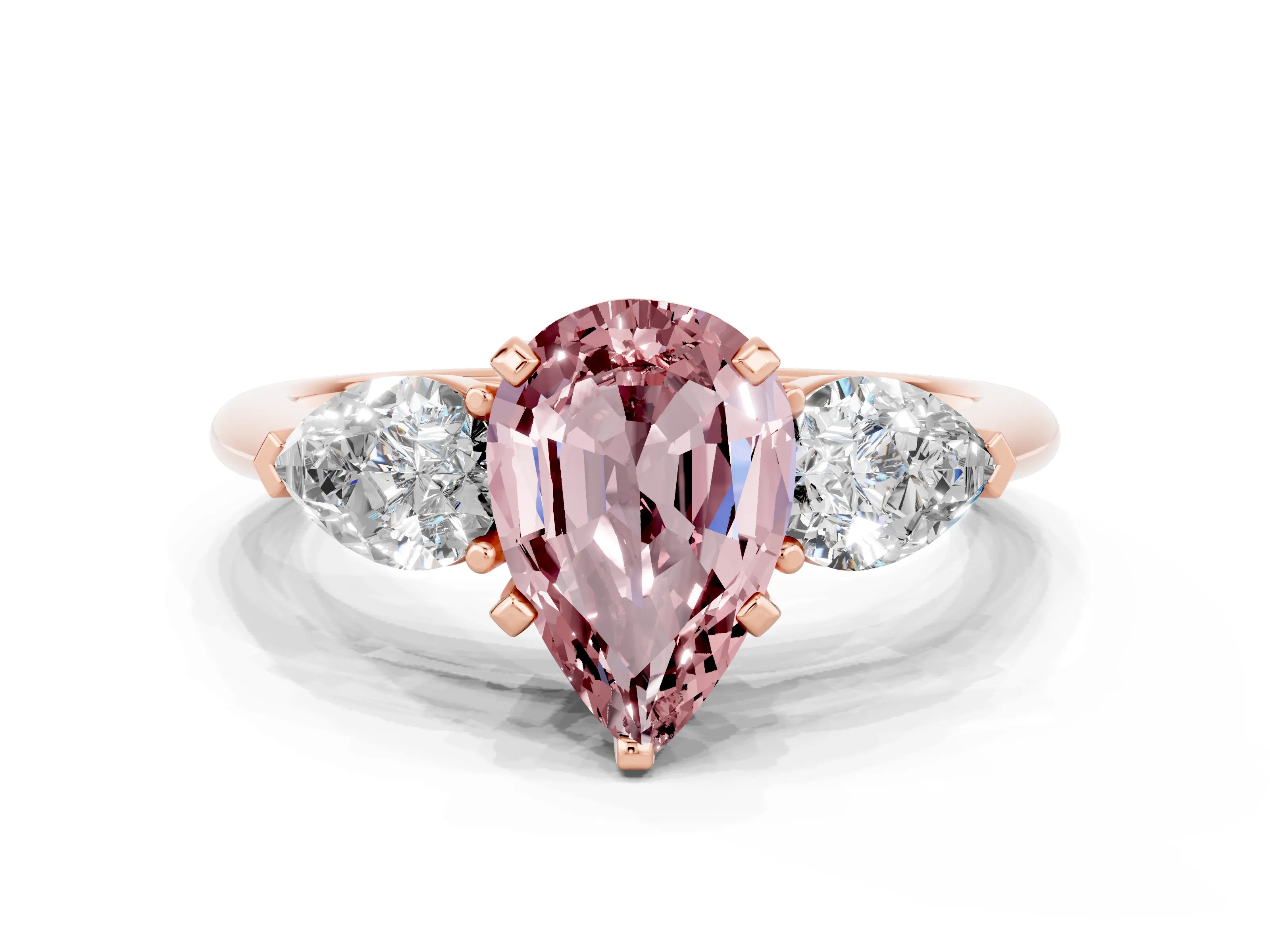 Rose gold Three-Stone Pear Cut Morganite Ring with Pear Side Stones and Four-Prong Setting