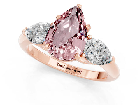 Rose gold Three-Stone Pear Cut Morganite Ring with Pear Side Stones and Four-Prong Setting_1