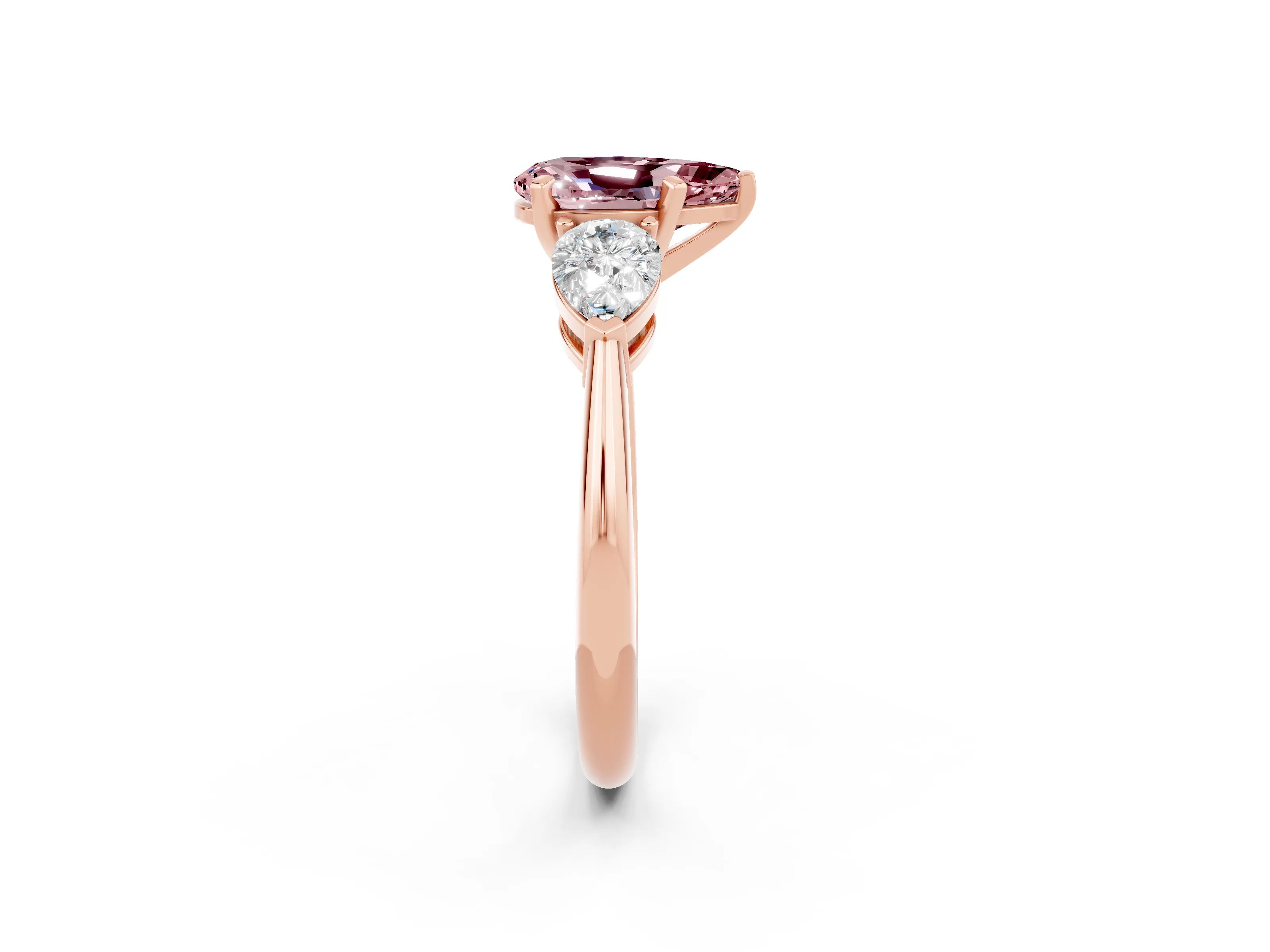 Rose gold Three-Stone Pear Cut Morganite Ring with Pear Side Stones and Four-Prong Setting_2