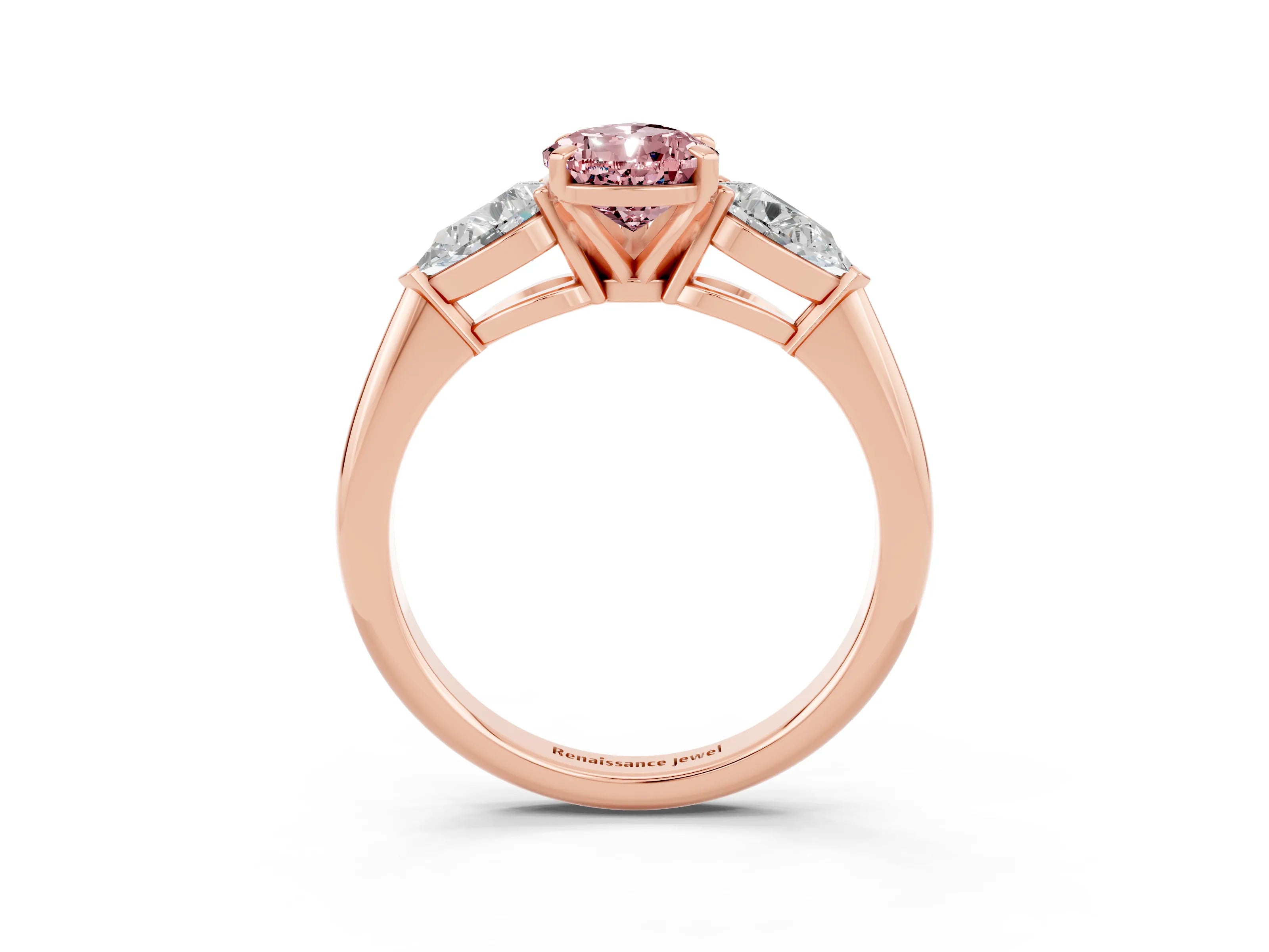 Rose gold Three-Stone Pear Cut Morganite Ring with Pear Side Stones and Four-Prong Setting_3