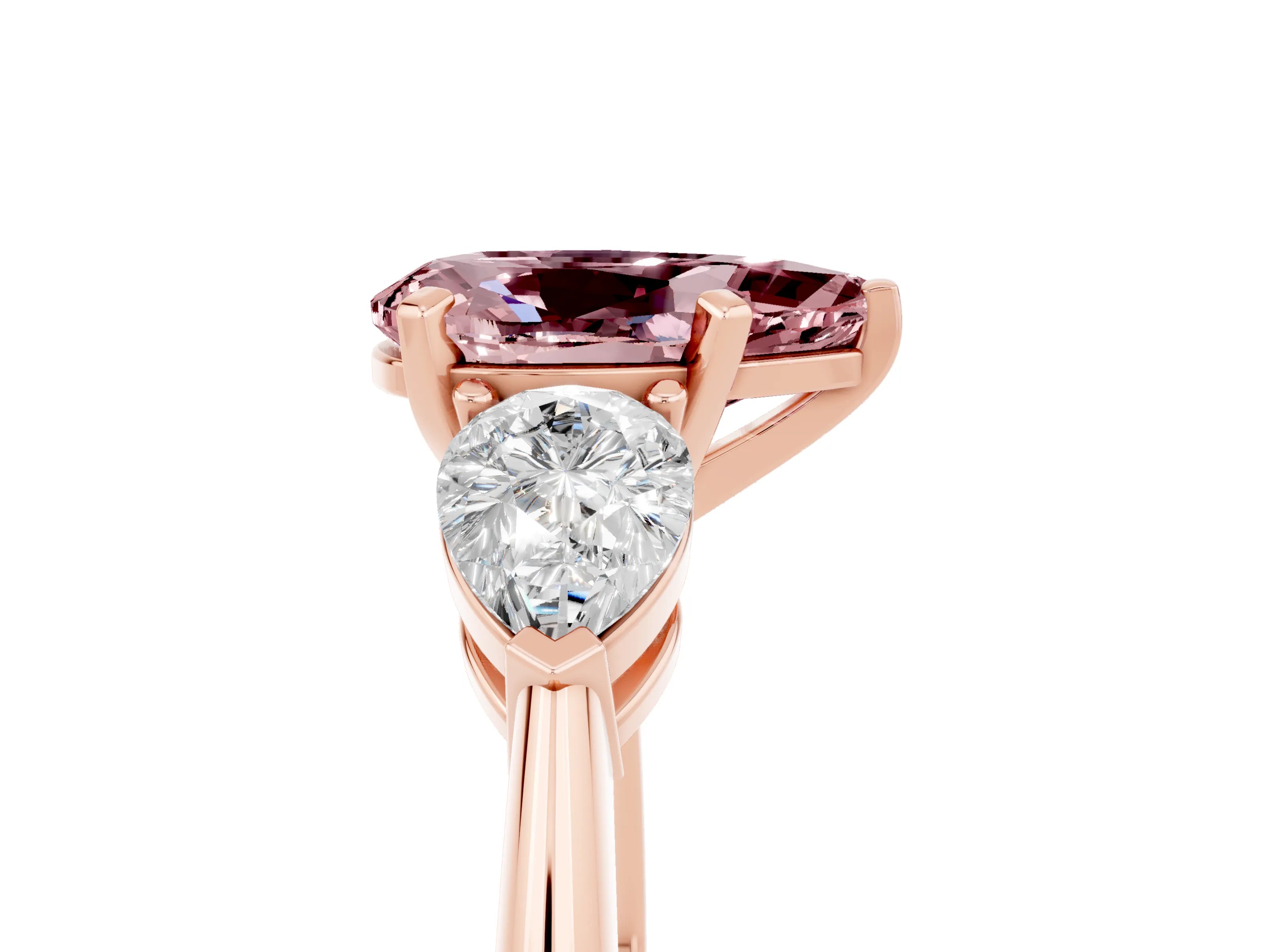Rose gold Three-Stone Pear Cut Morganite Ring with Pear Side Stones and Four-Prong Setting_5