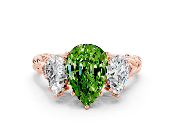 Rose gold Three-Stone Pear Cut Peridot Braided Band Ring with Four-Prong Setting