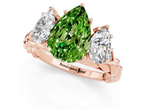 Rose gold Three-Stone Pear Cut Peridot Braided Band Ring with Four-Prong Setting
