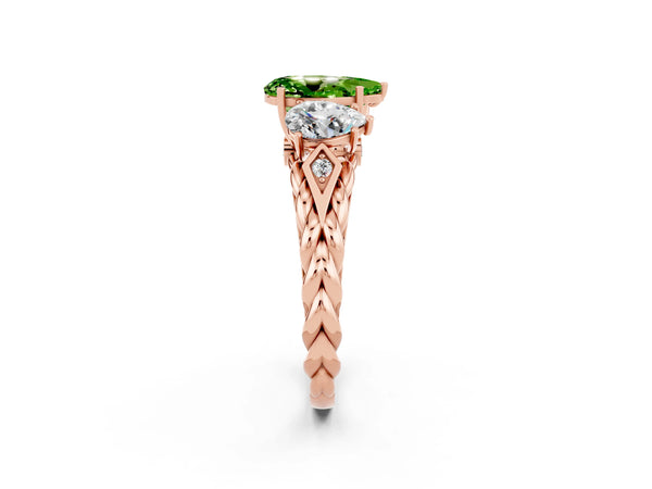 Rose gold Three-Stone Pear Cut Peridot Braided Band Ring with Four-Prong Setting