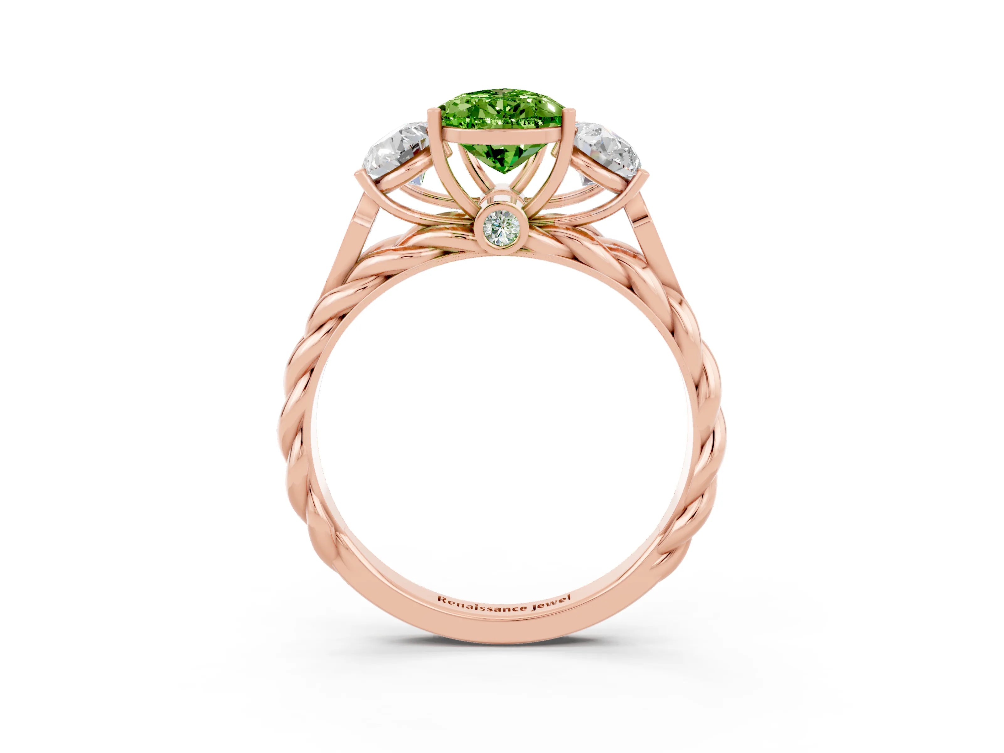 Rose gold Three-Stone Pear Cut Peridot Braided Band Ring with Four-Prong Setting_15