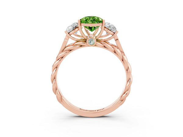 Rose gold Three-Stone Pear Cut Peridot Braided Band Ring with Four-Prong Setting