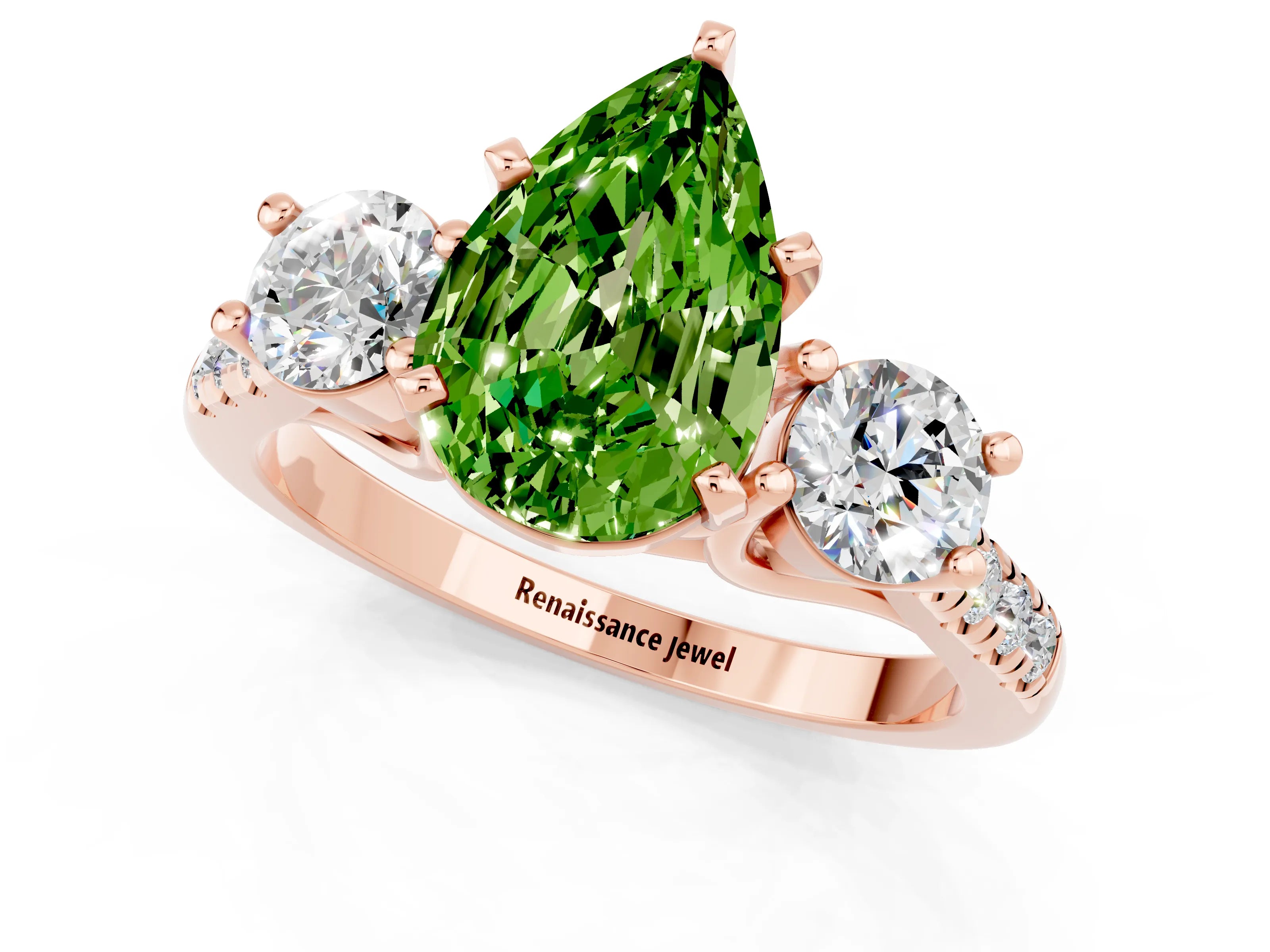 Rose gold Three-Stone Pear Cut Peridot Pavé Band with Four-Prong Setting_1