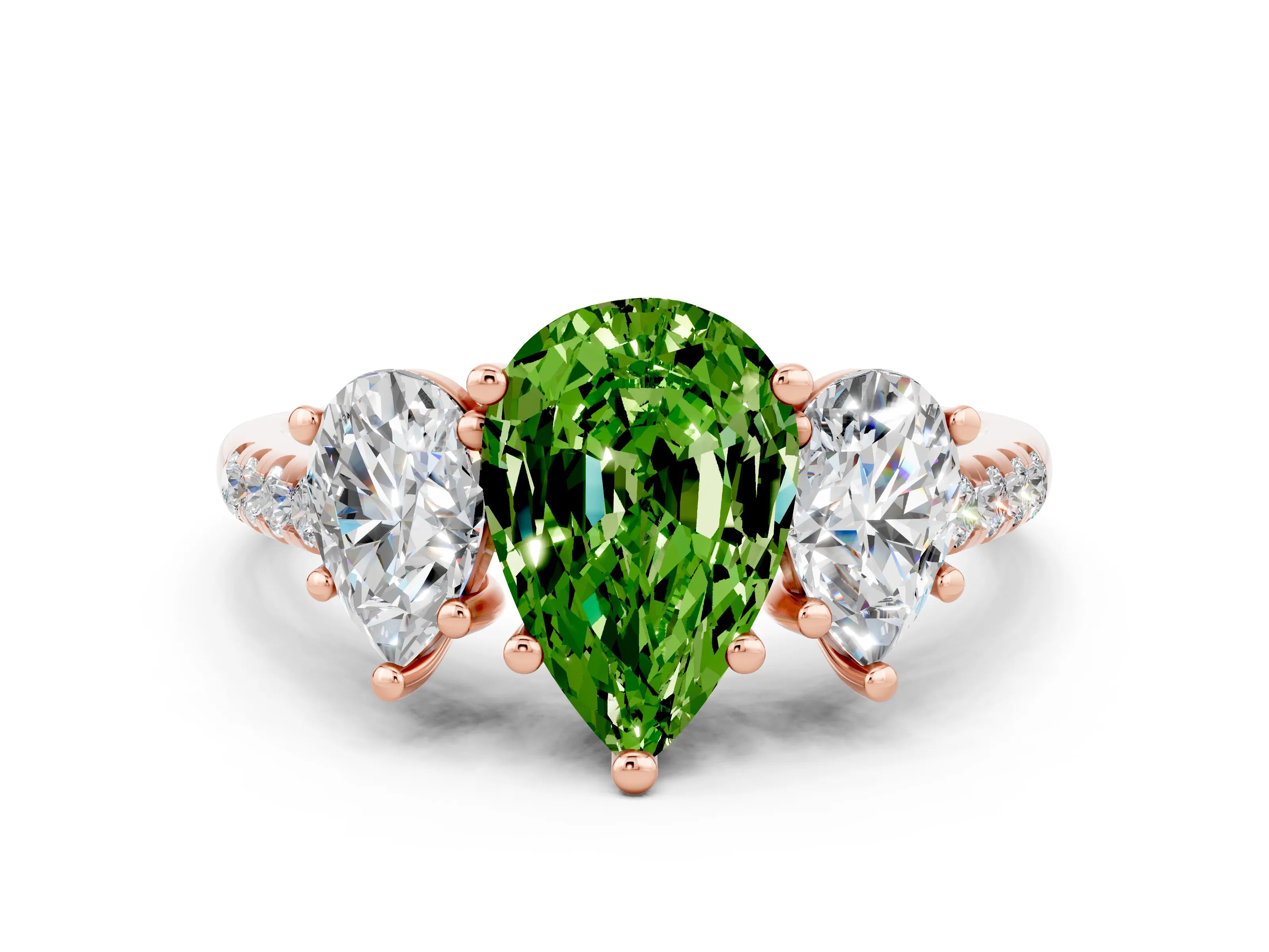 Rose gold Three-Stone Pear Cut Peridot Ring with Pavé Band and Prong Setting_12