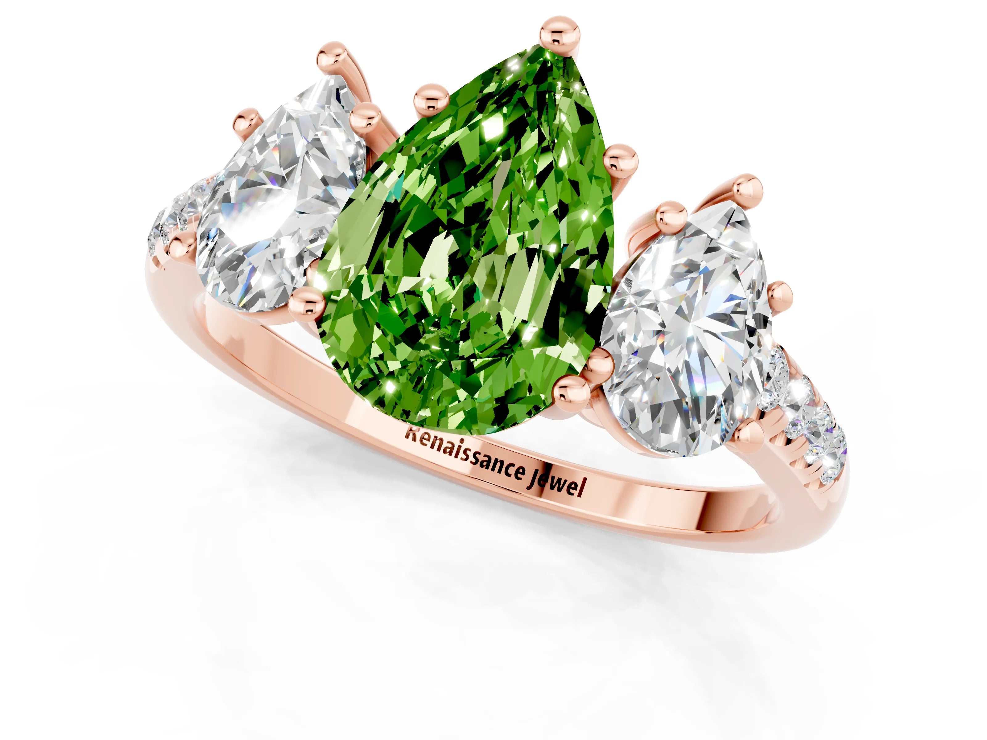 Rose gold Three-Stone Pear Cut Peridot Ring with Pavé Band and Prong Setting_13