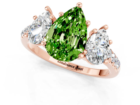Rose gold Three-Stone Pear Cut Peridot Ring with Pavé Band and Prong Setting_13