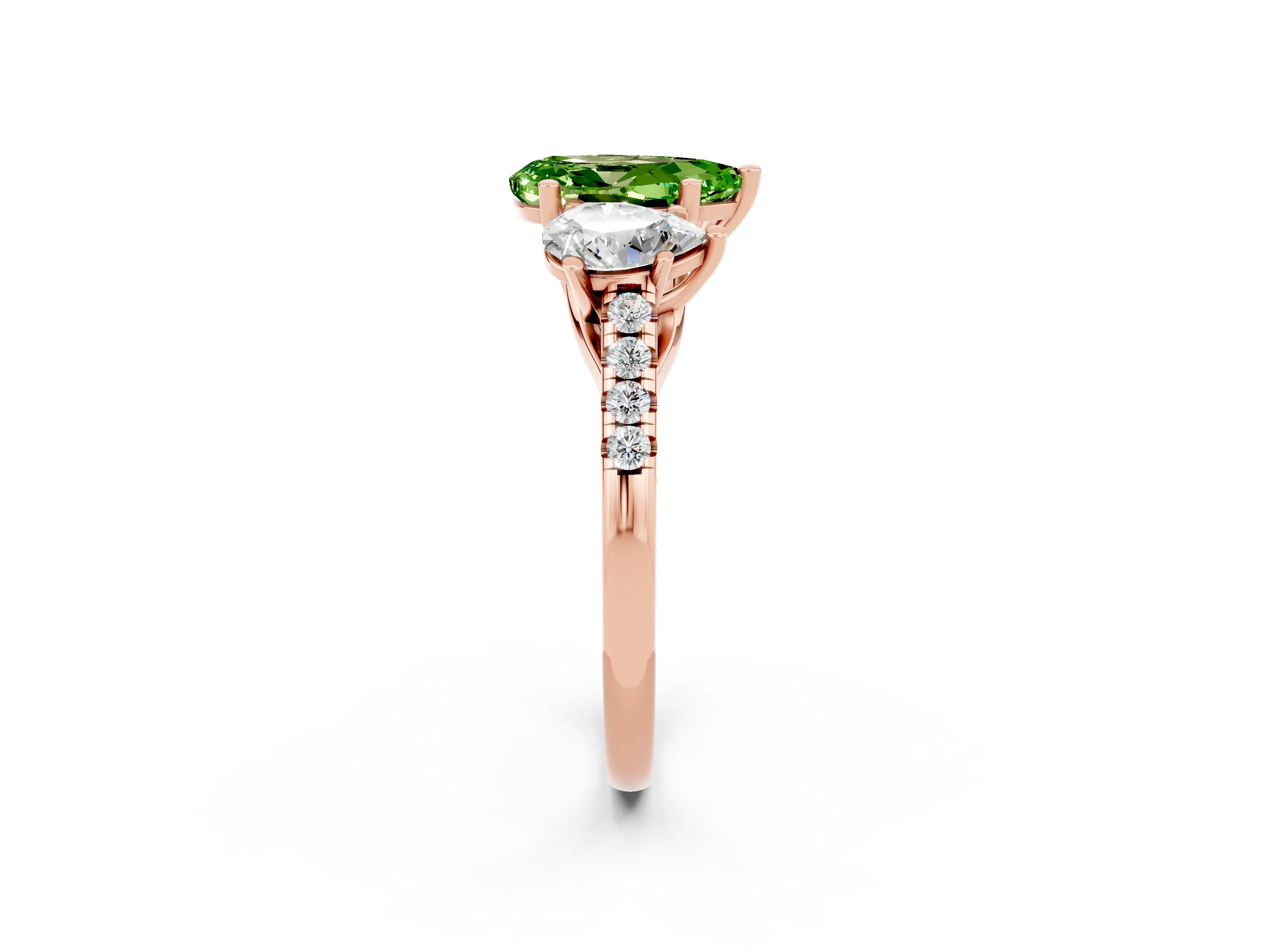 Rose gold Three-Stone Pear Cut Peridot Ring with Pavé Band and Prong Setting_14