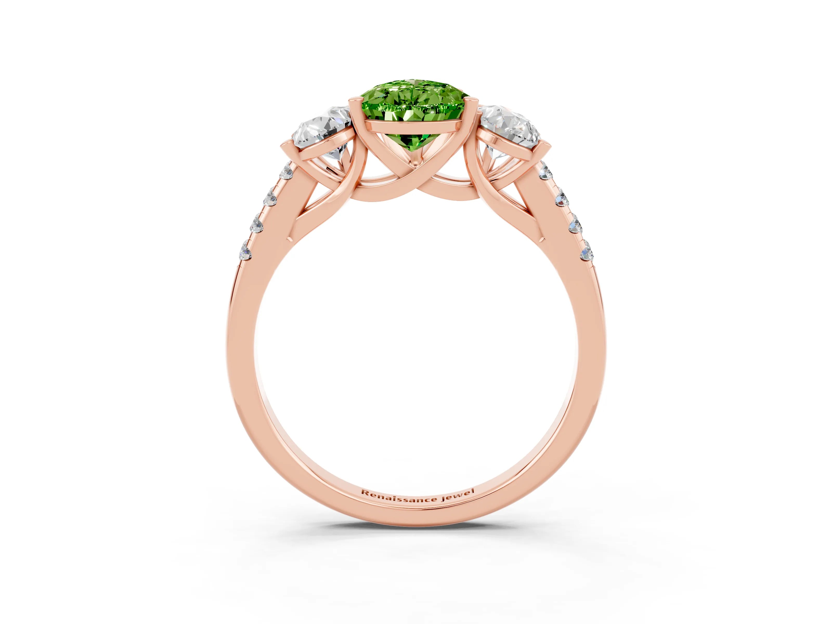 Rose gold Three-Stone Pear Cut Peridot Ring with Pavé Band and Prong Setting_15