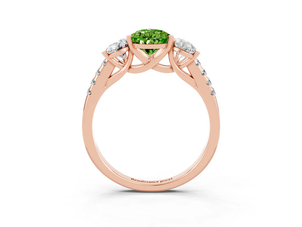 Rose gold Three-Stone Pear Cut Peridot Ring with Round  Pavé Band and Prong Setting