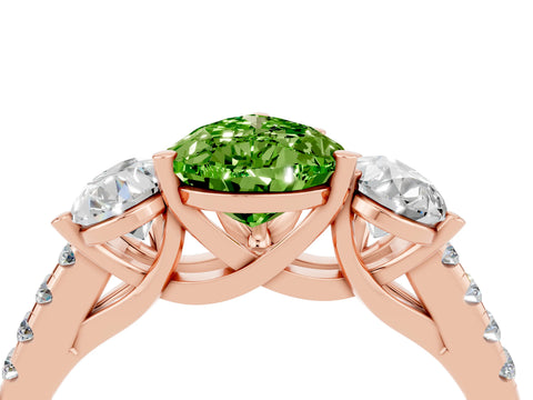 Rose gold Three-Stone Pear Cut Peridot Ring with Pavé Band and Prong Setting_16
