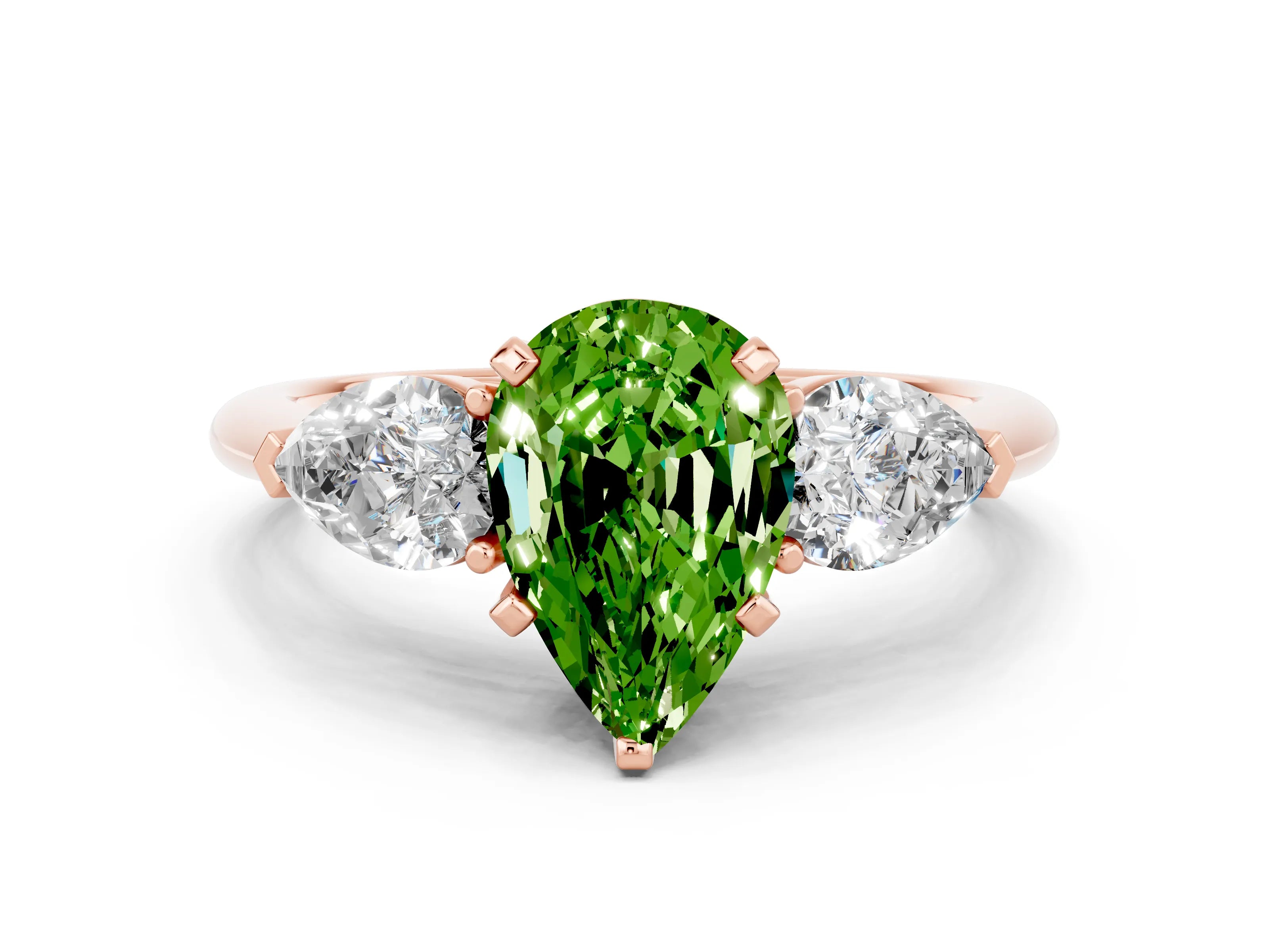Rose gold Three-Stone Pear Cut Peridot Ring with Pear Side Stones and Four-Prong Setting