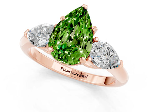 Rose gold Three-Stone Pear Cut Peridot Ring with Pear Side Stones and Four-Prong Setting_1