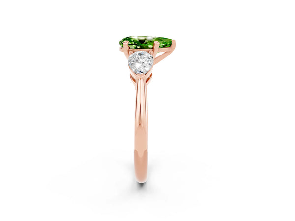 Rose gold Three-Stone Pear Cut Peridot Ring with Pear Side Stones and Four-Prong Setting