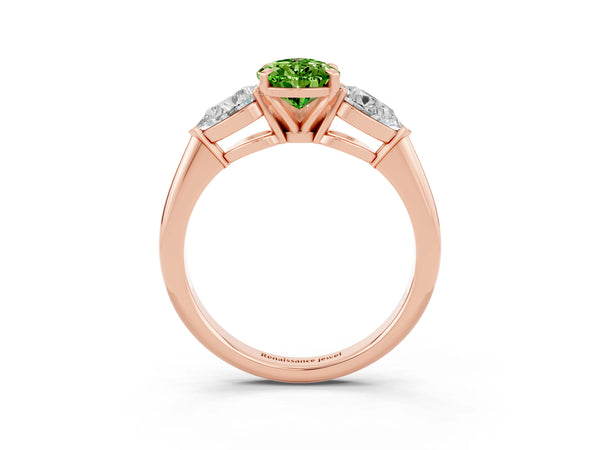 Rose gold Three-Stone Pear Cut Peridot Ring with Pear Side Stones and Four-Prong Setting