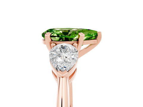 Rose gold Three-Stone Pear Cut Peridot Ring with Pear Side Stones and Four-Prong Setting_5