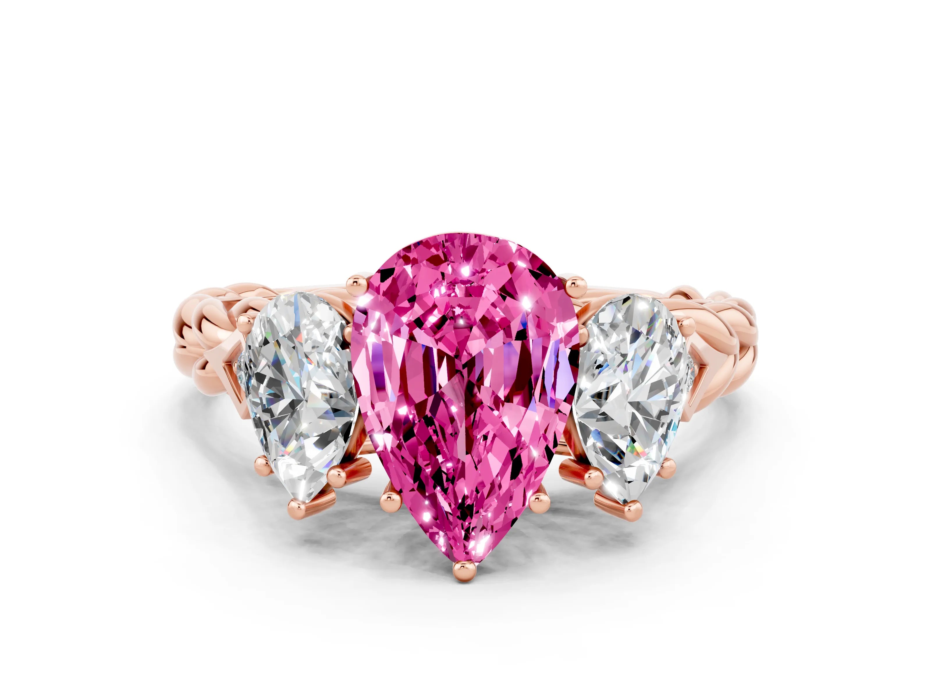 Rose gold Three-Stone Pear Cut Pink Sapphire Braided Band Ring with Four-Prong Setting_36