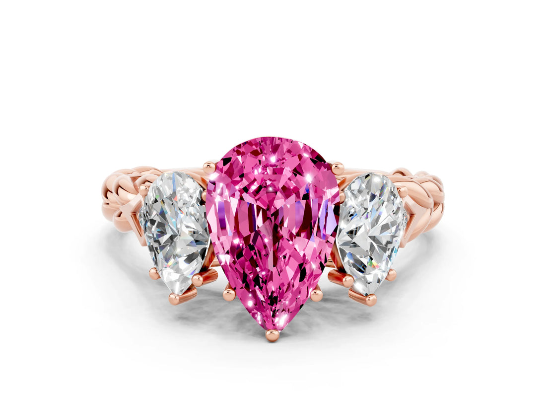 Rose gold Three-Stone Pear Cut Pink Sapphire Braided Band Ring with Four-Prong Setting_36