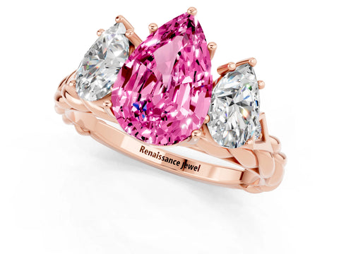 Rose gold Three-Stone Pear Cut Pink Sapphire Braided Band Ring with Four-Prong Setting_37