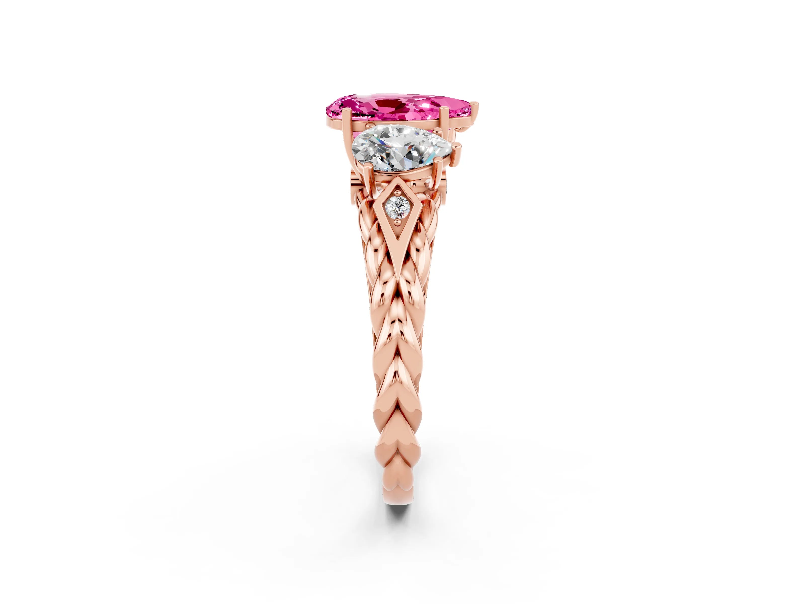 Rose gold Three-Stone Pear Cut Pink Sapphire Braided Band Ring with Four-Prong Setting_38