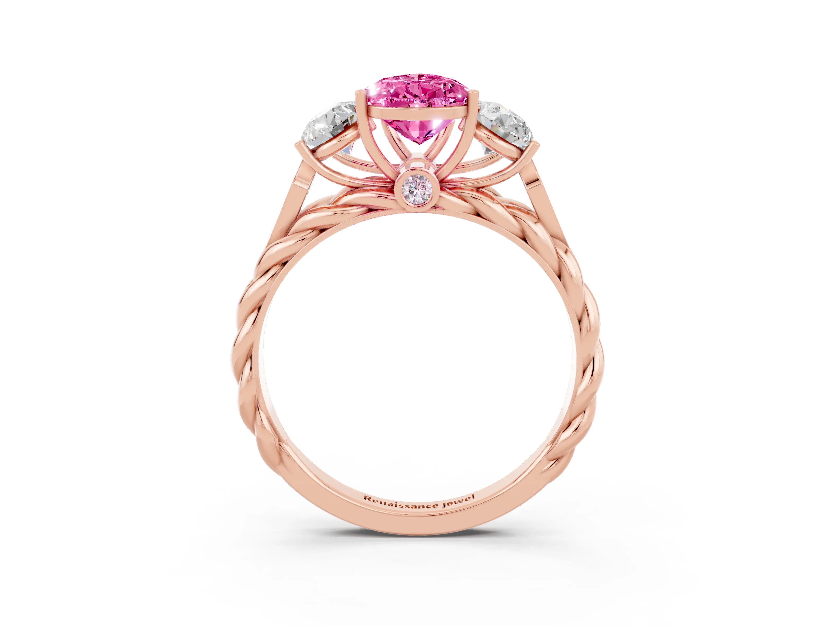Rose gold Three-Stone Pear Cut Pink Sapphire Braided Band Ring with Four-Prong Setting_39
