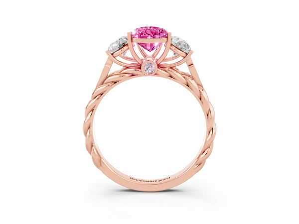 Rose gold Three-Stone Pear Cut Pink Sapphire Braided Band Ring with Four-Prong Setting