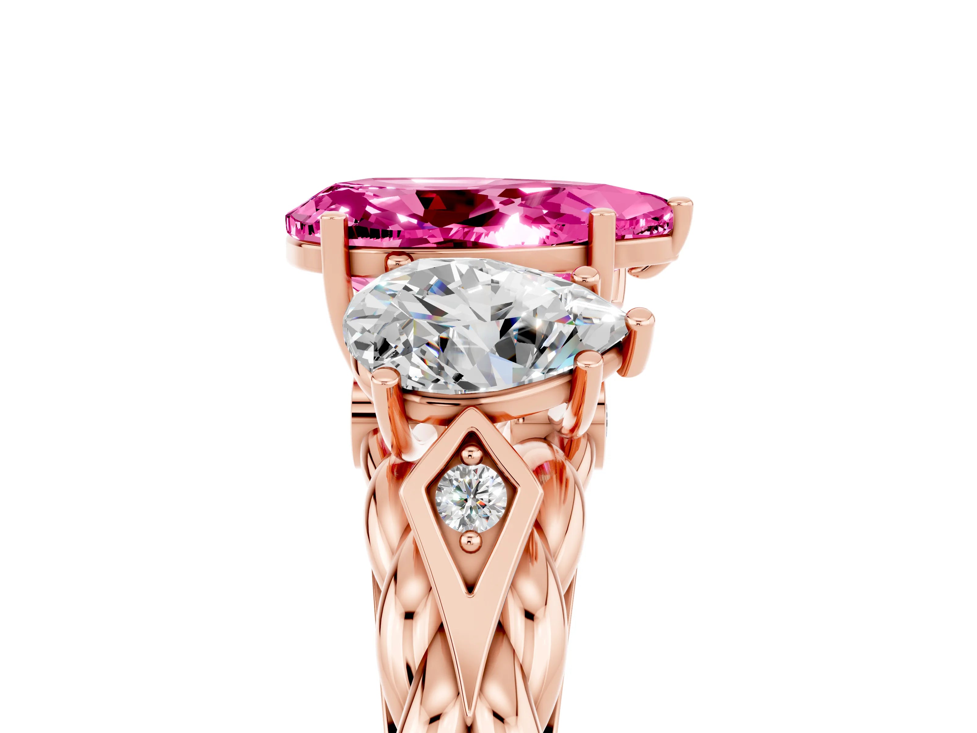 Rose gold Three-Stone Pear Cut Pink Sapphire Braided Band Ring with Four-Prong Setting_41