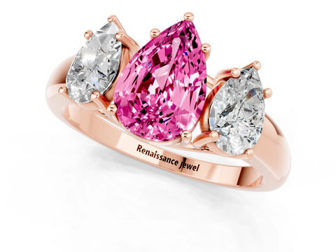 Rose gold Three-Stone Pear Cut Pink Sapphire Engagement Ring with Prong Setting_1