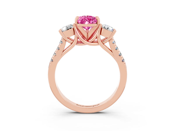 Rose gold Three-Stone Pear Cut Pink Sapphire Pavé Band with Four-Prong Setting