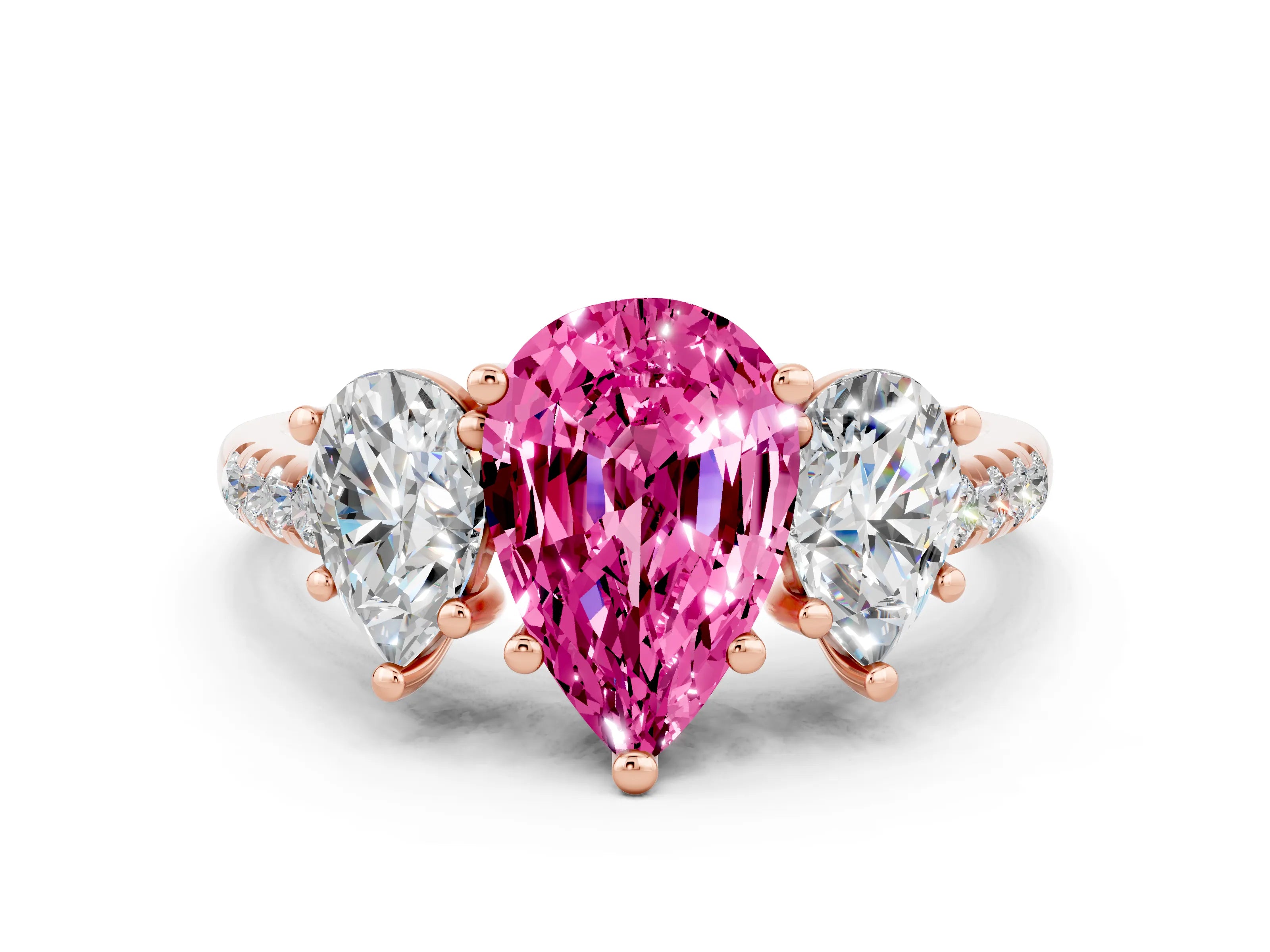 Rose gold Three-Stone Pear Cut Pink Sapphire Ring with Pavé Band and Prong Setting_36