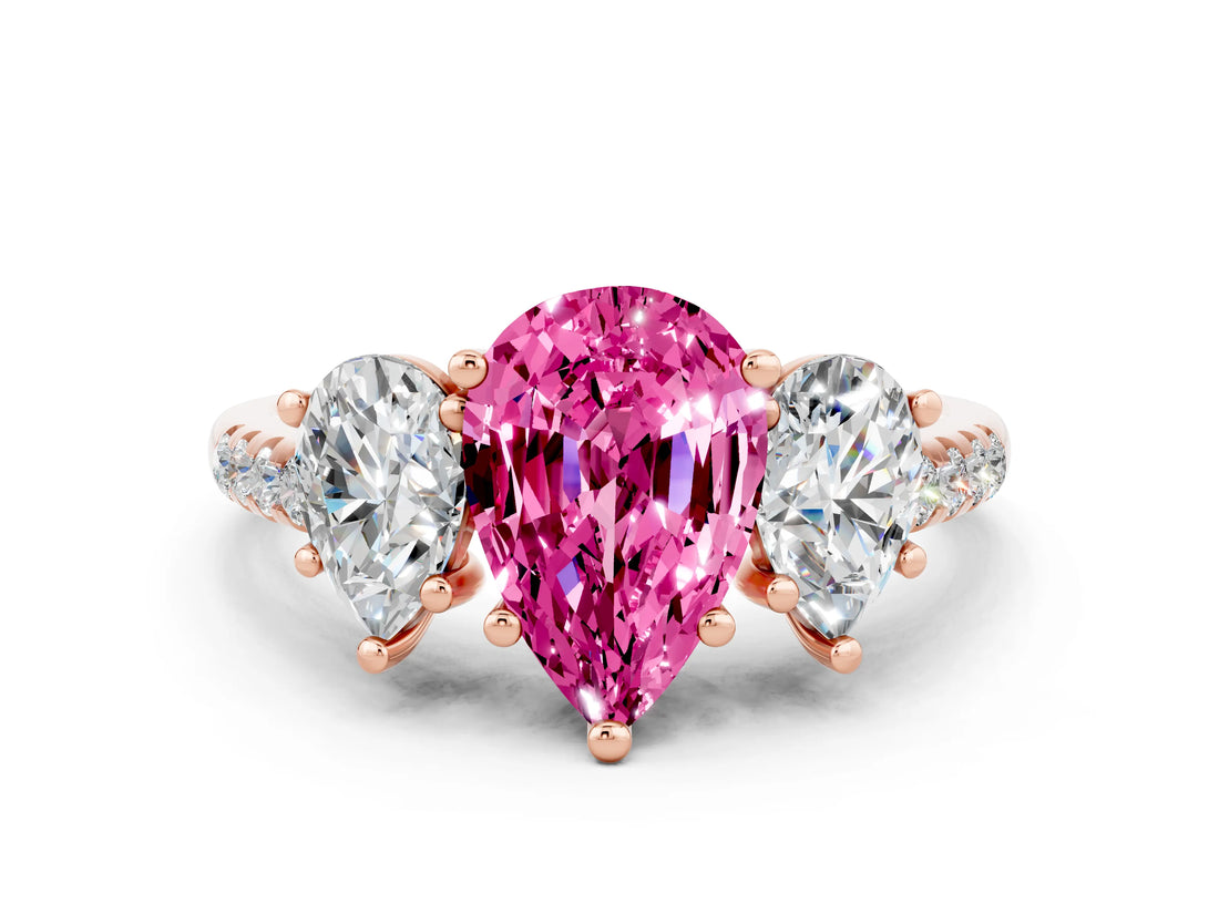 Rose gold Three-Stone Pear Cut Pink Sapphire Ring with Pavé Band and Prong Setting_36