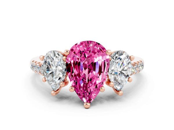 Rose gold Three-Stone Pear Cut Pink Sapphire Ring with Round  Pavé Band and Prong Setting