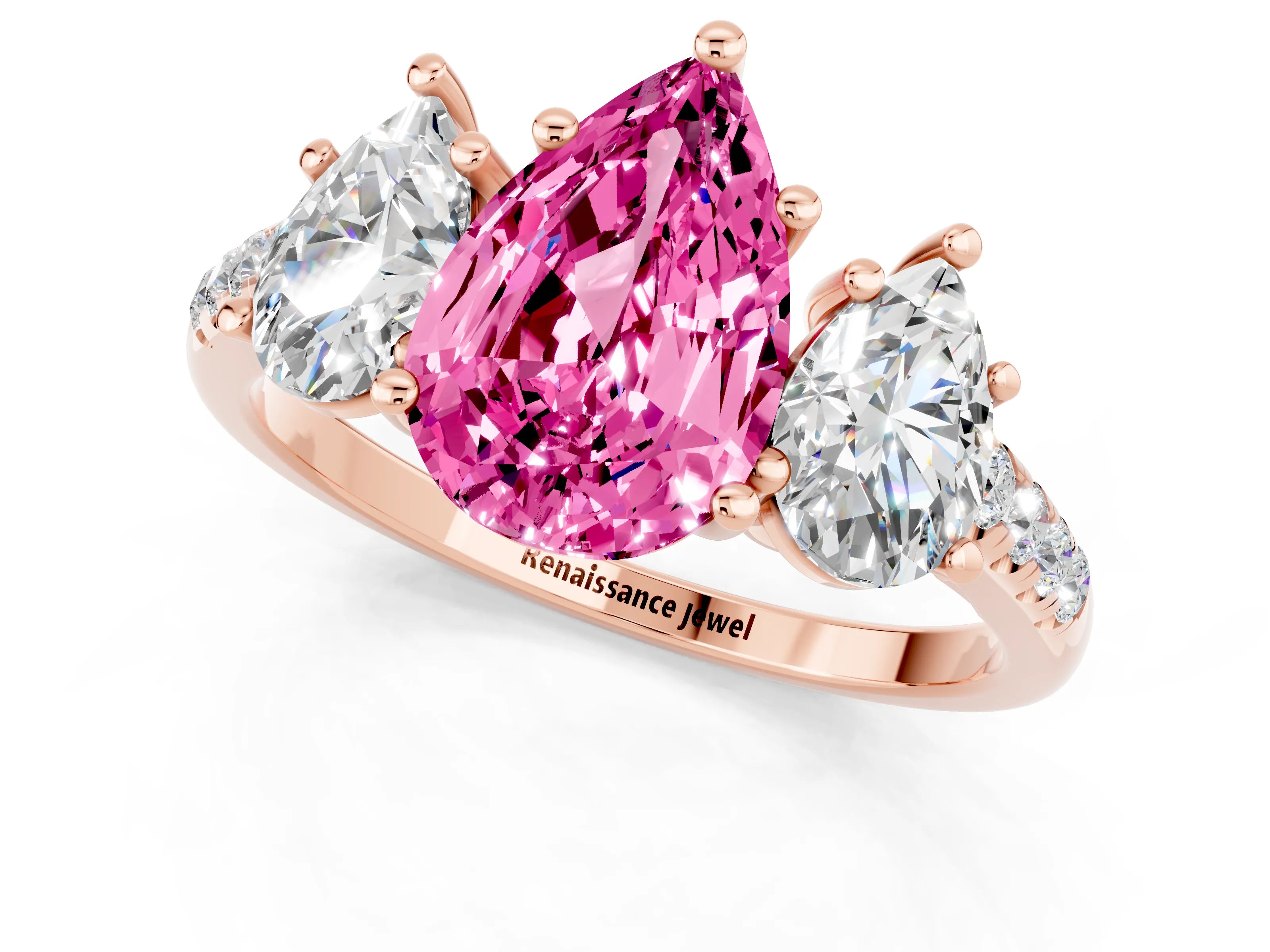 Rose gold Three-Stone Pear Cut Pink Sapphire Ring with Pavé Band and Prong Setting_37