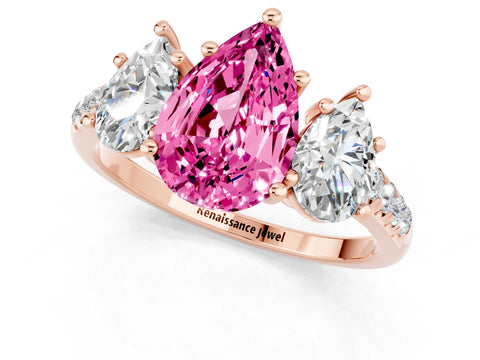 Rose gold Three-Stone Pear Cut Pink Sapphire Ring with Pavé Band and Prong Setting_37