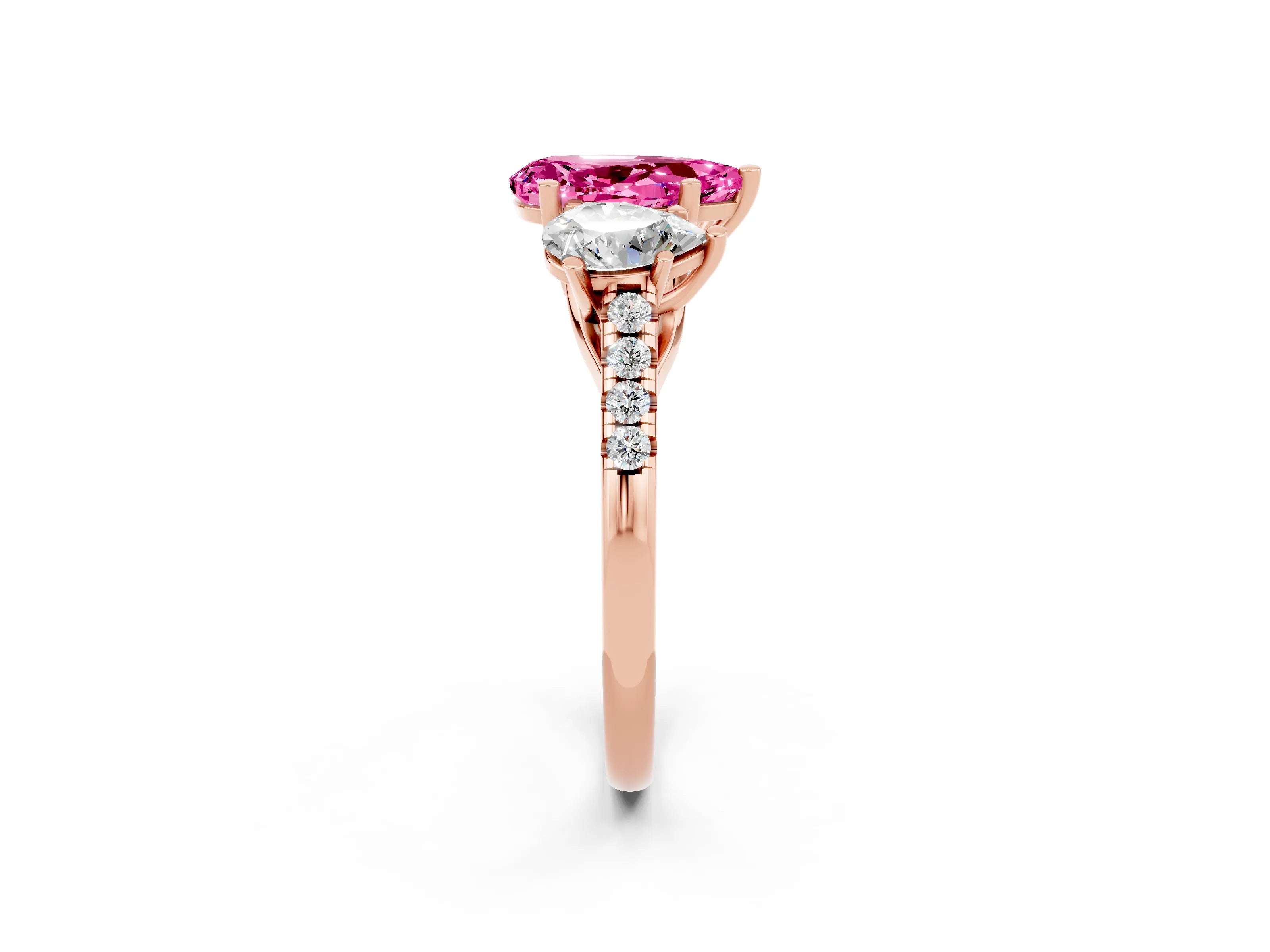 Rose gold Three-Stone Pear Cut Pink Sapphire Ring with Pavé Band and Prong Setting_38