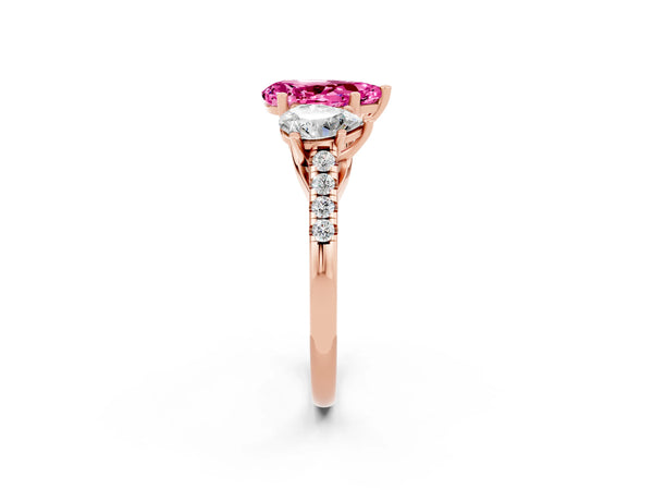 Rose gold Three-Stone Pear Cut Pink Sapphire Ring with Round  Pavé Band and Prong Setting