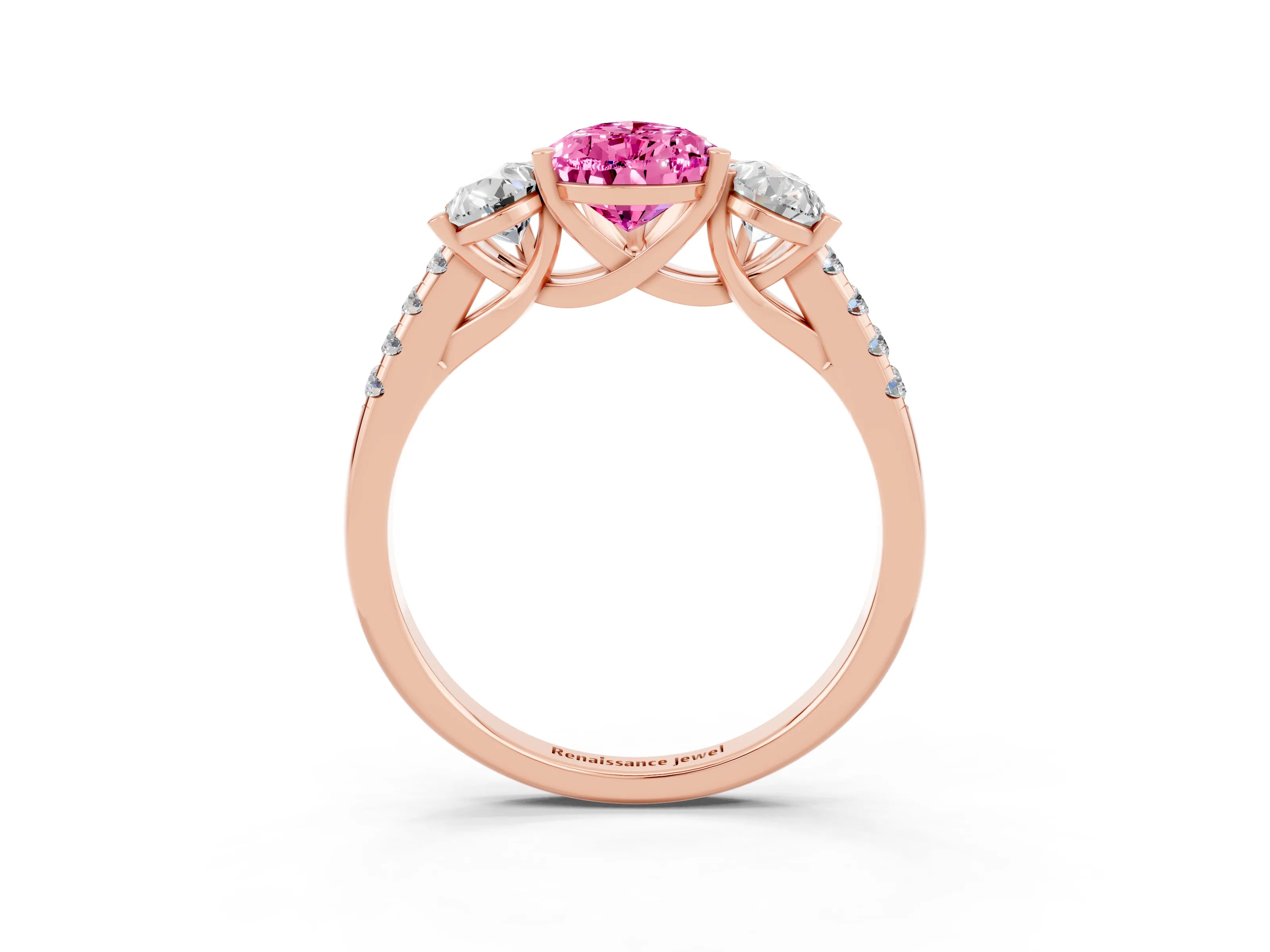 Rose gold Three-Stone Pear Cut Pink Sapphire Ring with Pavé Band and Prong Setting_39