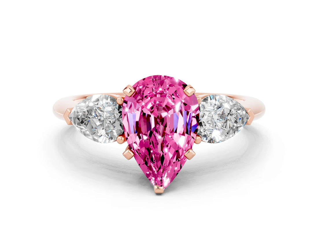 Rose gold Three-Stone Pear Cut Pink Sapphire Ring with Pear Side Stones and Four-Prong Setting_24