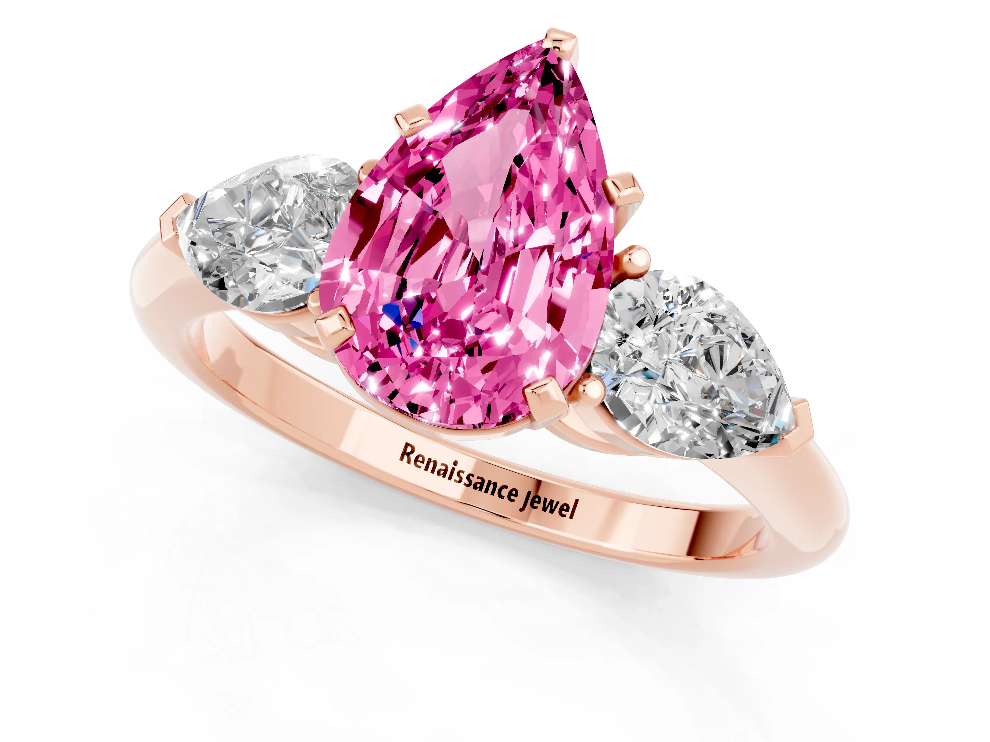 Rose gold Three-Stone Pear Cut Pink Sapphire Ring with Pear Side Stones and Four-Prong Setting_25