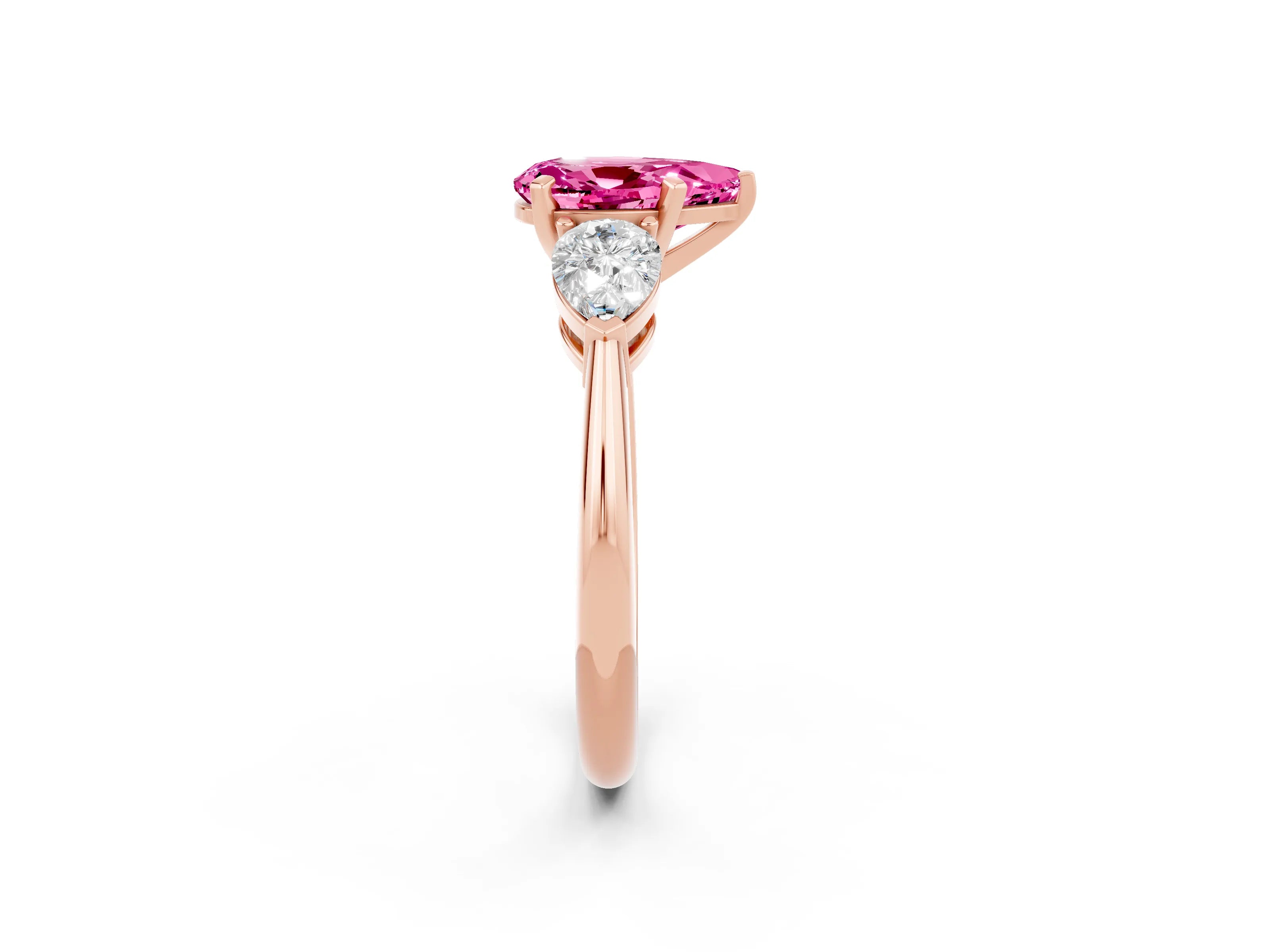 Rose gold Three-Stone Pear Cut Pink Sapphire Ring with Pear Side Stones and Four-Prong Setting_26