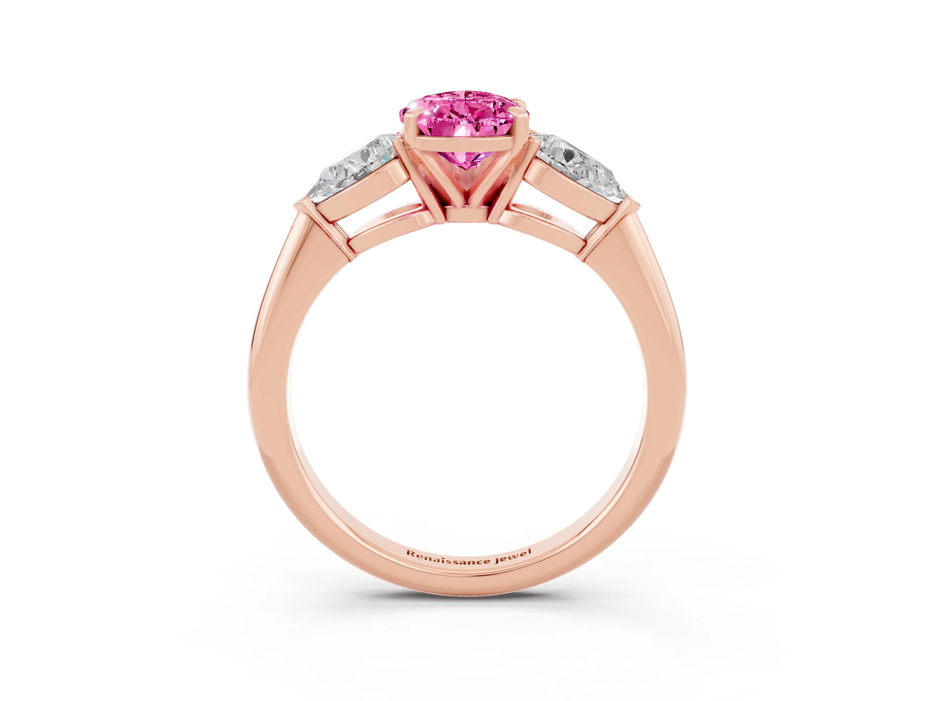 Rose gold Three-Stone Pear Cut Pink Sapphire Ring with Pear Side Stones and Four-Prong Setting_27