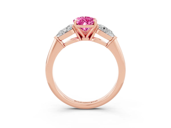 Rose gold Three-Stone Pear Cut Pink Sapphire Ring with Pear Side Stones and Four-Prong Setting