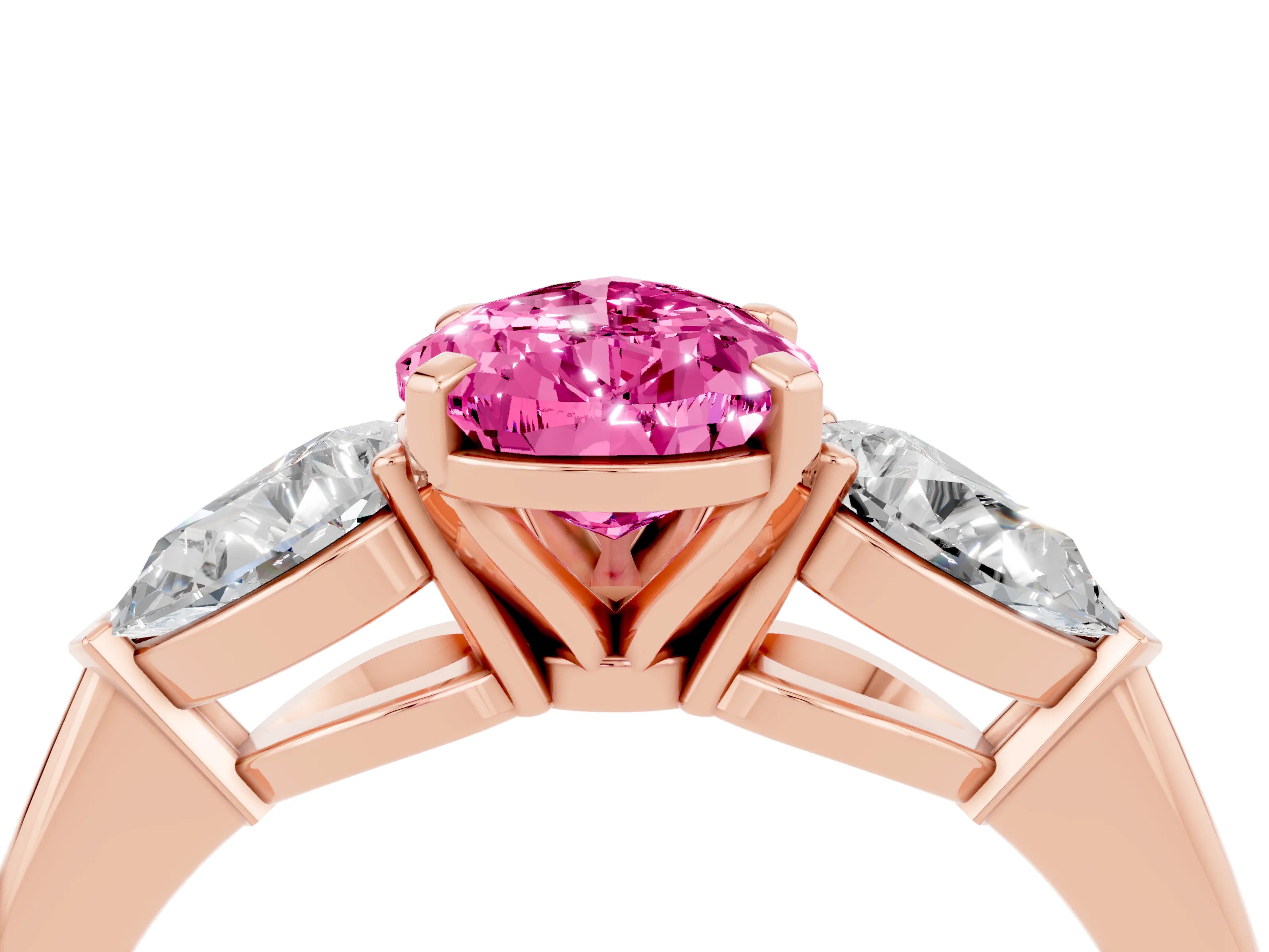 Rose gold Three-Stone Pear Cut Pink Sapphire Ring with Pear Side Stones and Four-Prong Setting_28