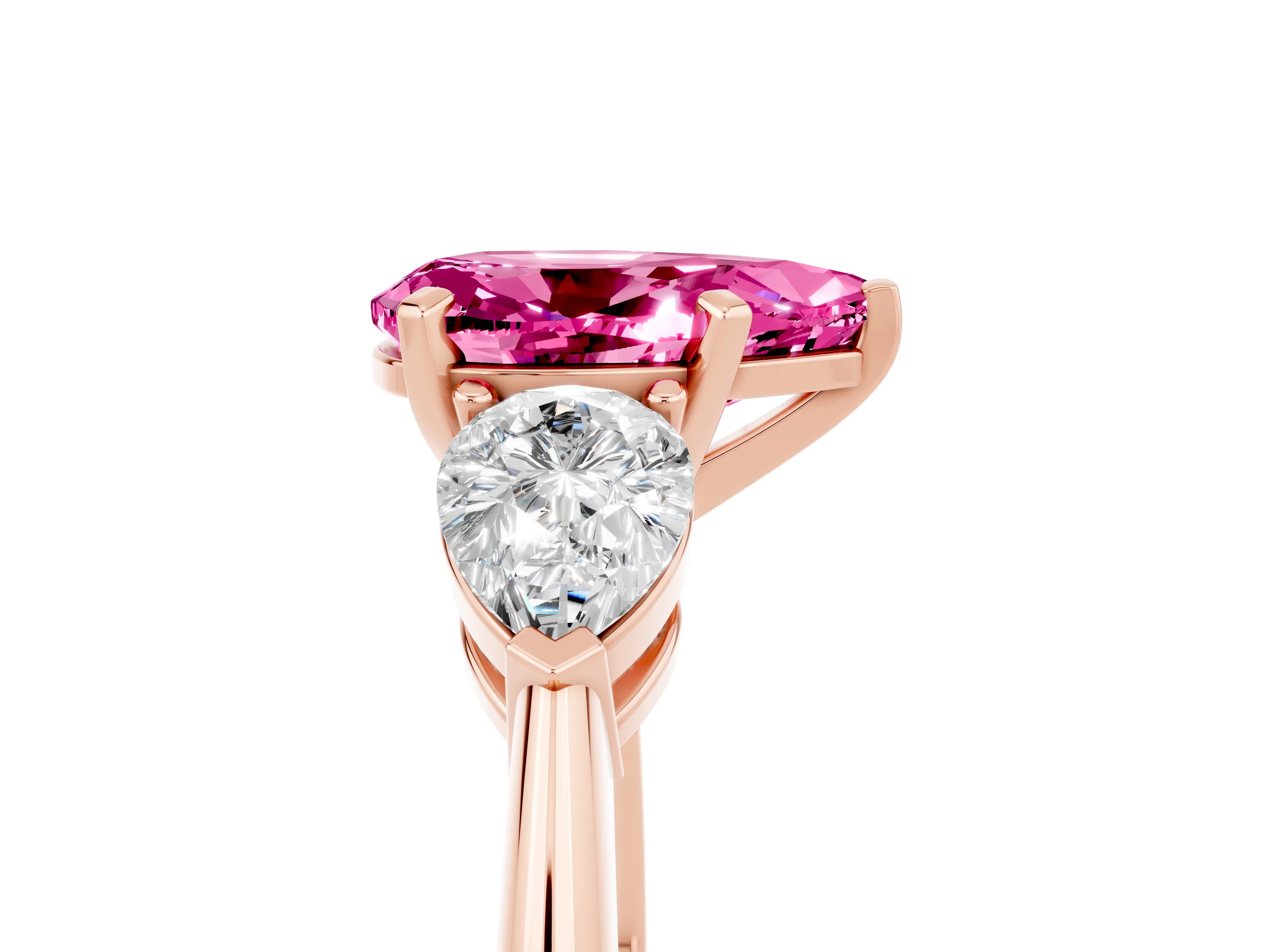 Rose gold Three-Stone Pear Cut Pink Sapphire Ring with Pear Side Stones and Four-Prong Setting_29