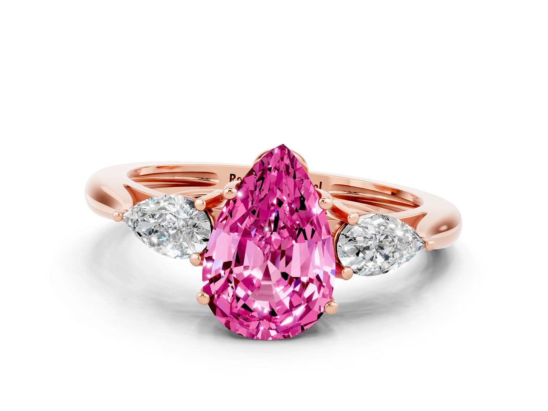 Rose gold Three-Stone Pear Cut Pink Sapphire Ring with Pear  Side Stones in Four-Prong Setting_12